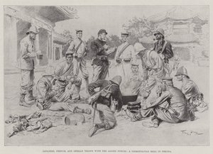 Troupes japonaises, françaises et allemandes avec les forces alliées, un repas cosmopolite à Pékin - Georges Bertin Scott